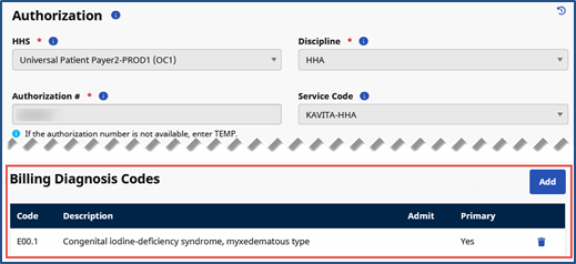 Patient Authorization Billing Diagnosis Codes Field